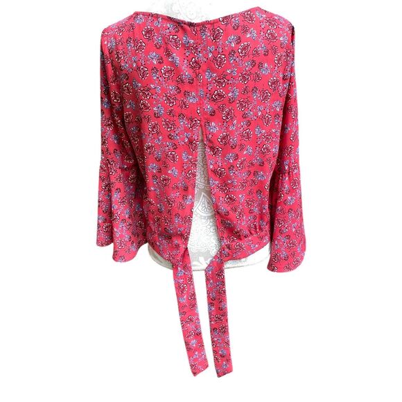 Jack by BB Dakota Red Floral Bell Sleeve Blouse M Tie Back Sheer Boho Romantic - Picture 5 of 12